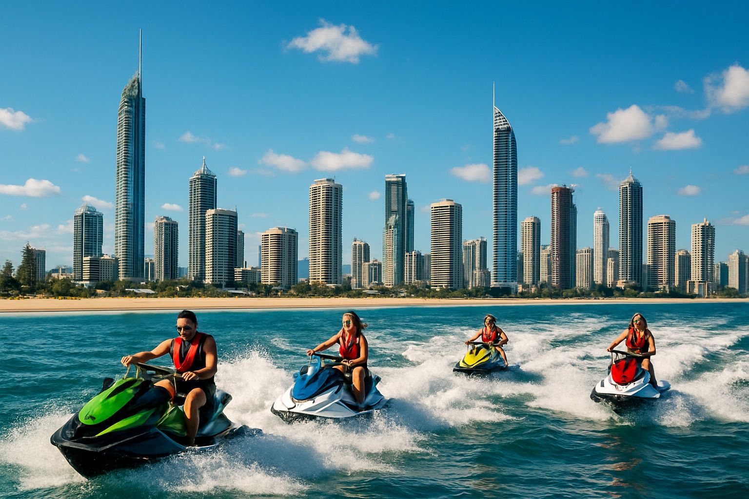 Surfers Paradise skyline from the water, featuring jet skis and thrill-seekers enjoying the Gold Coa