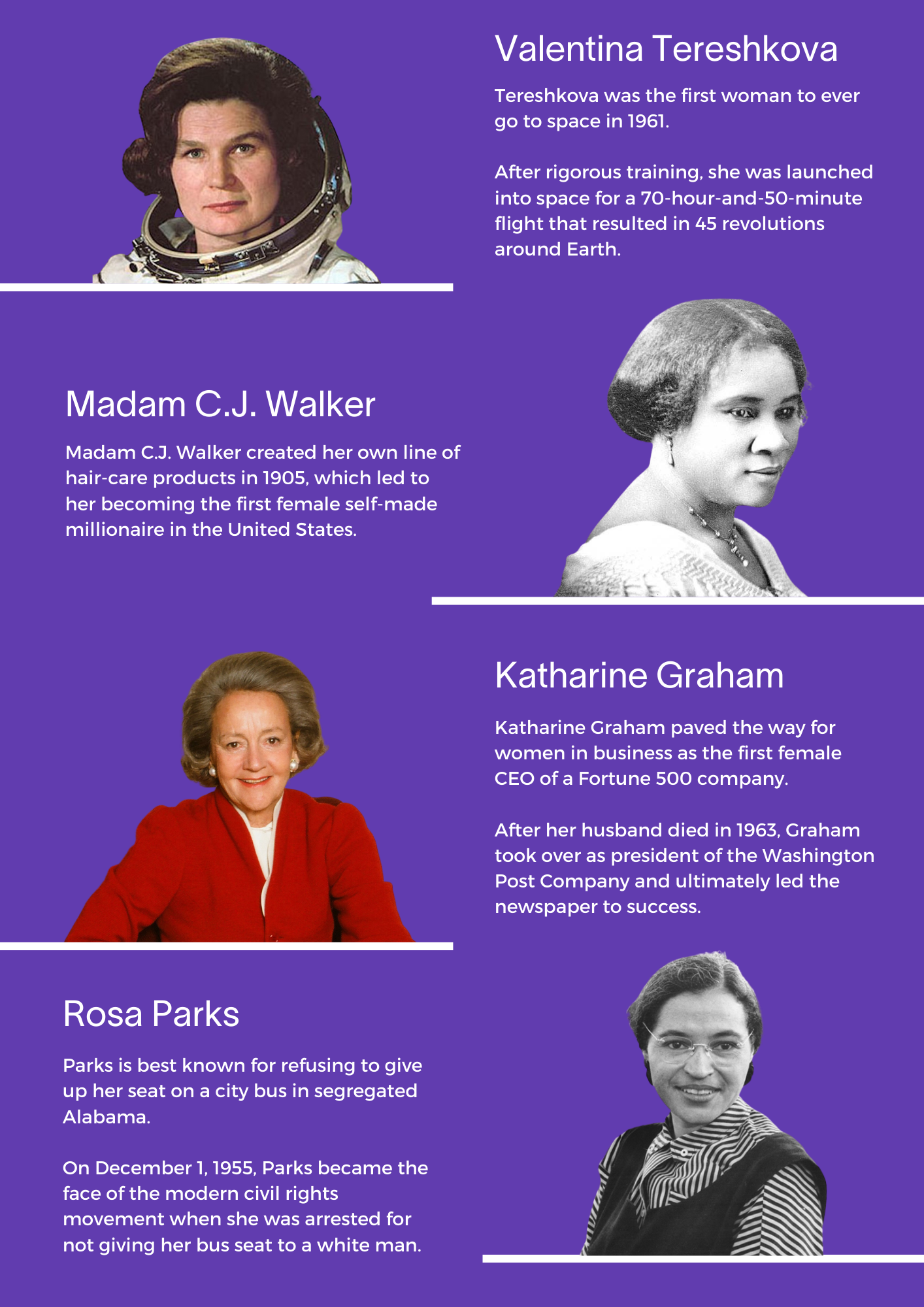 A purple poster with four women 's faces on it