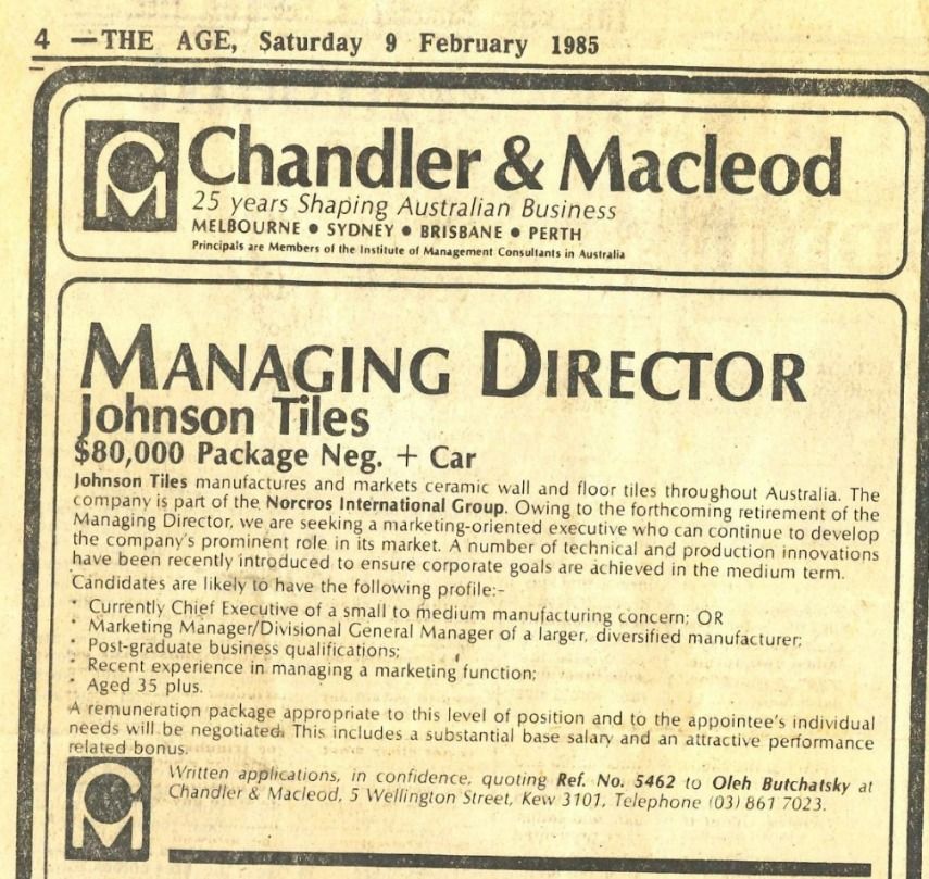 An advertisement for a managing director for johnson tiles
