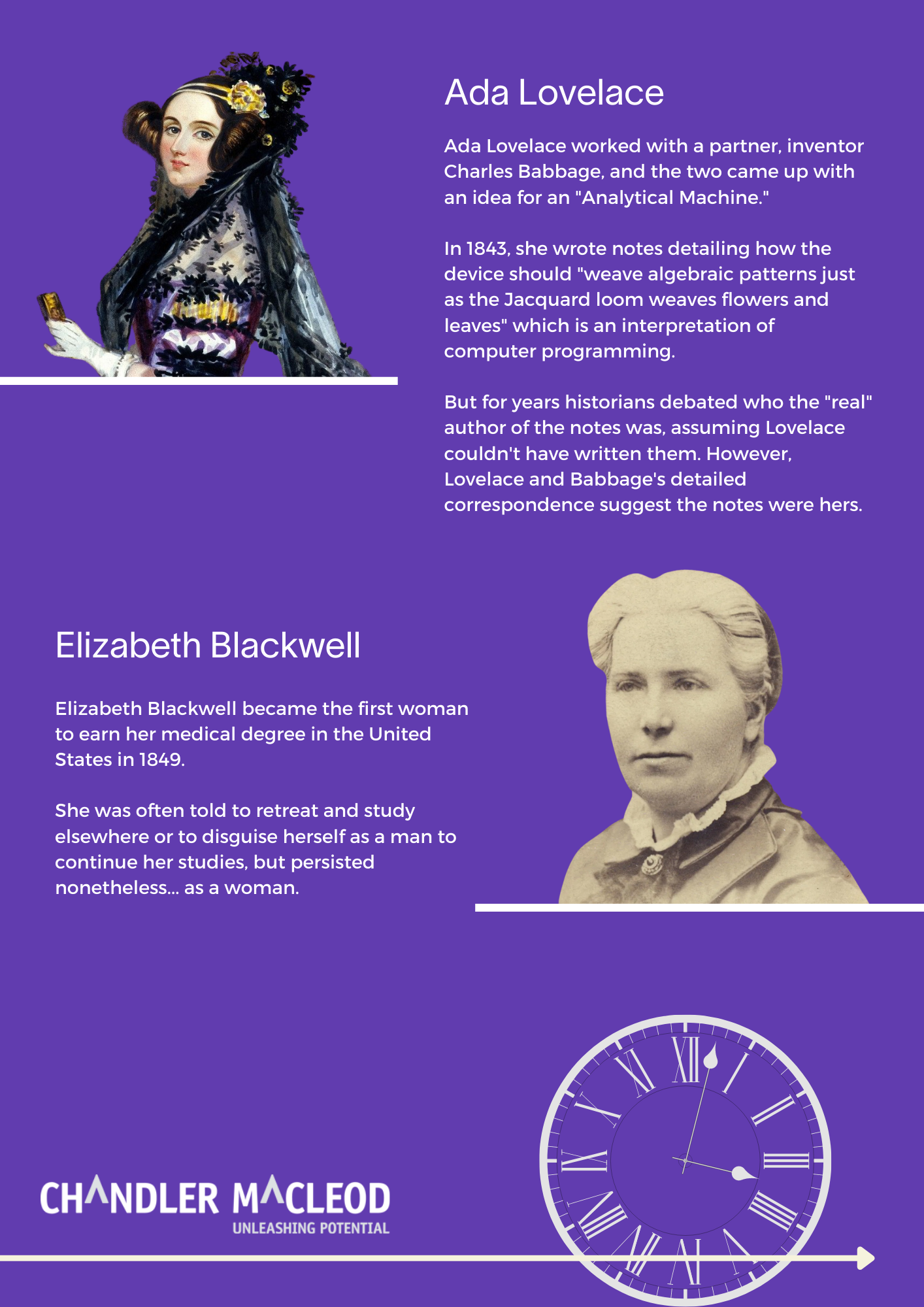 A purple poster with a woman and a clock on it