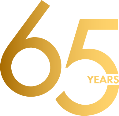 A gold 65 years logo on a white background