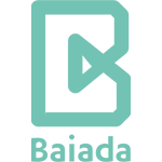 The logo for baiada is a blue square with a play button inside of it.