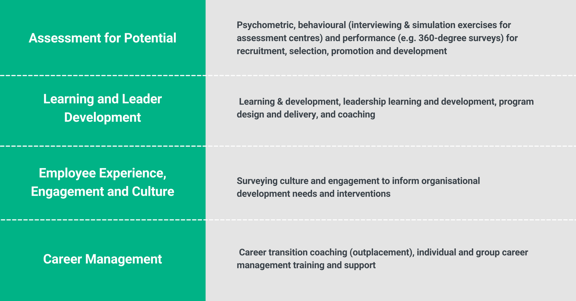 A page that says assessment for potential learning and leader development employee experience engagement and culture career management