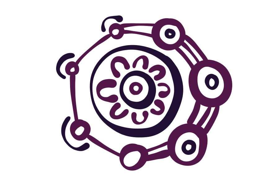 A purple and black circle with a flower in the middle on a white background.