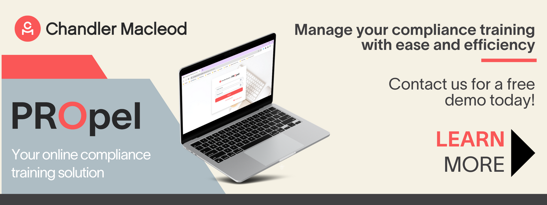 A laptop computer is sitting on a table next to a sign that says `` contact us for a free demo today ! ''