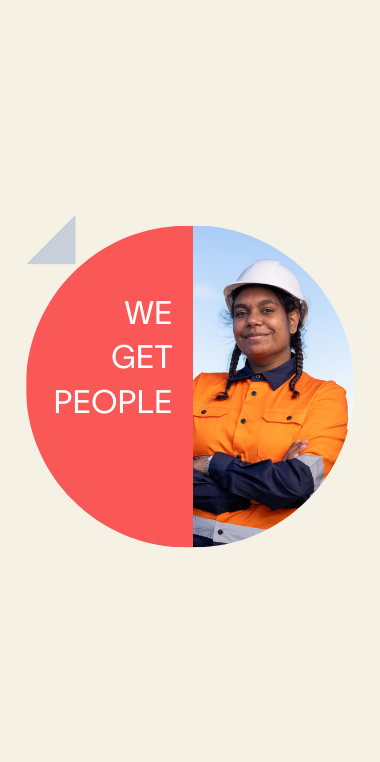 A woman wearing a hard hat is standing in a circle with the words we get people.