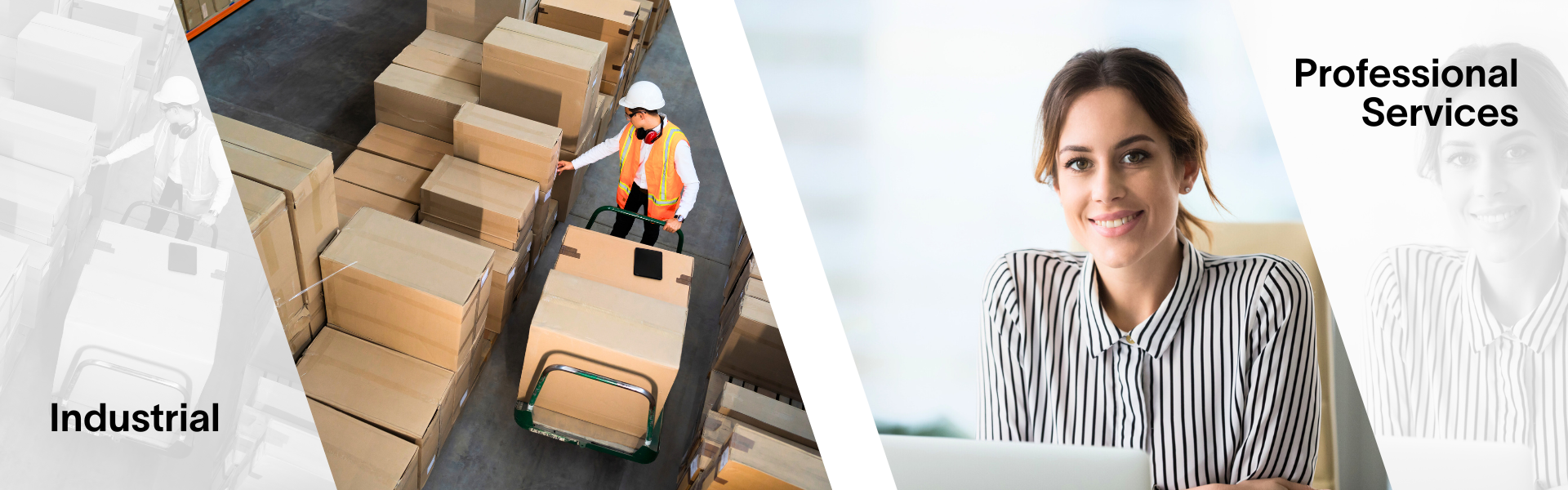 A woman is sitting in front of a laptop computer in a warehouse.