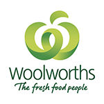 The woolworths logo is green and white and says `` the fresh food people ''.