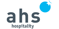 A logo for ahs hospitality with a blue circle in the middle.