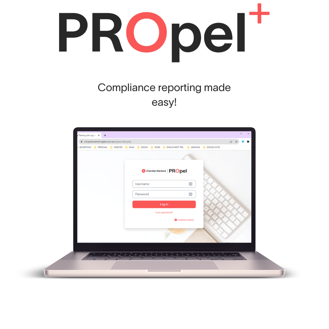 A laptop computer is open to a page that says propel compliance reporting made easy.