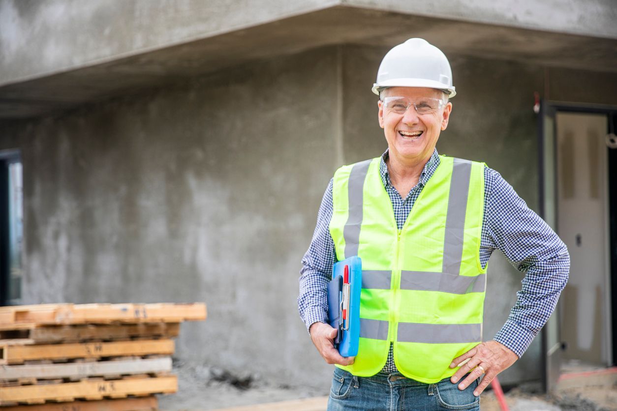 An older man wearing a hard hat and safety vest is standing in front of a building under construction.