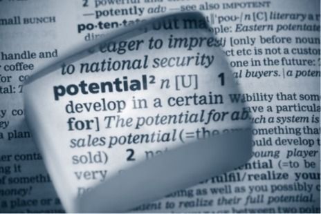 A magnifying glass shows the definition of potential in a dictionary