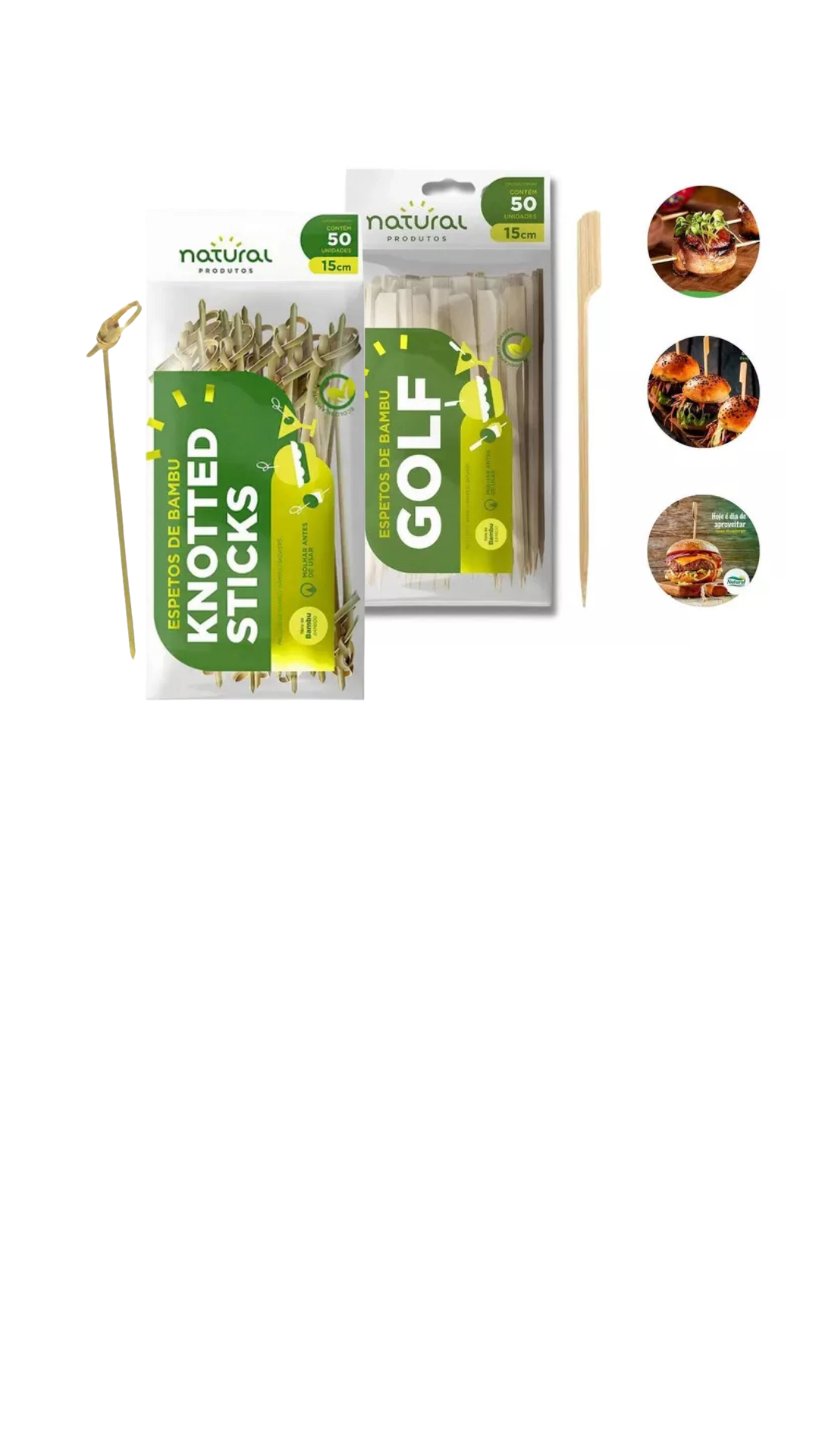 Espeto de Bambu 15cm: Modelos Knotted Sticks e Golf.
