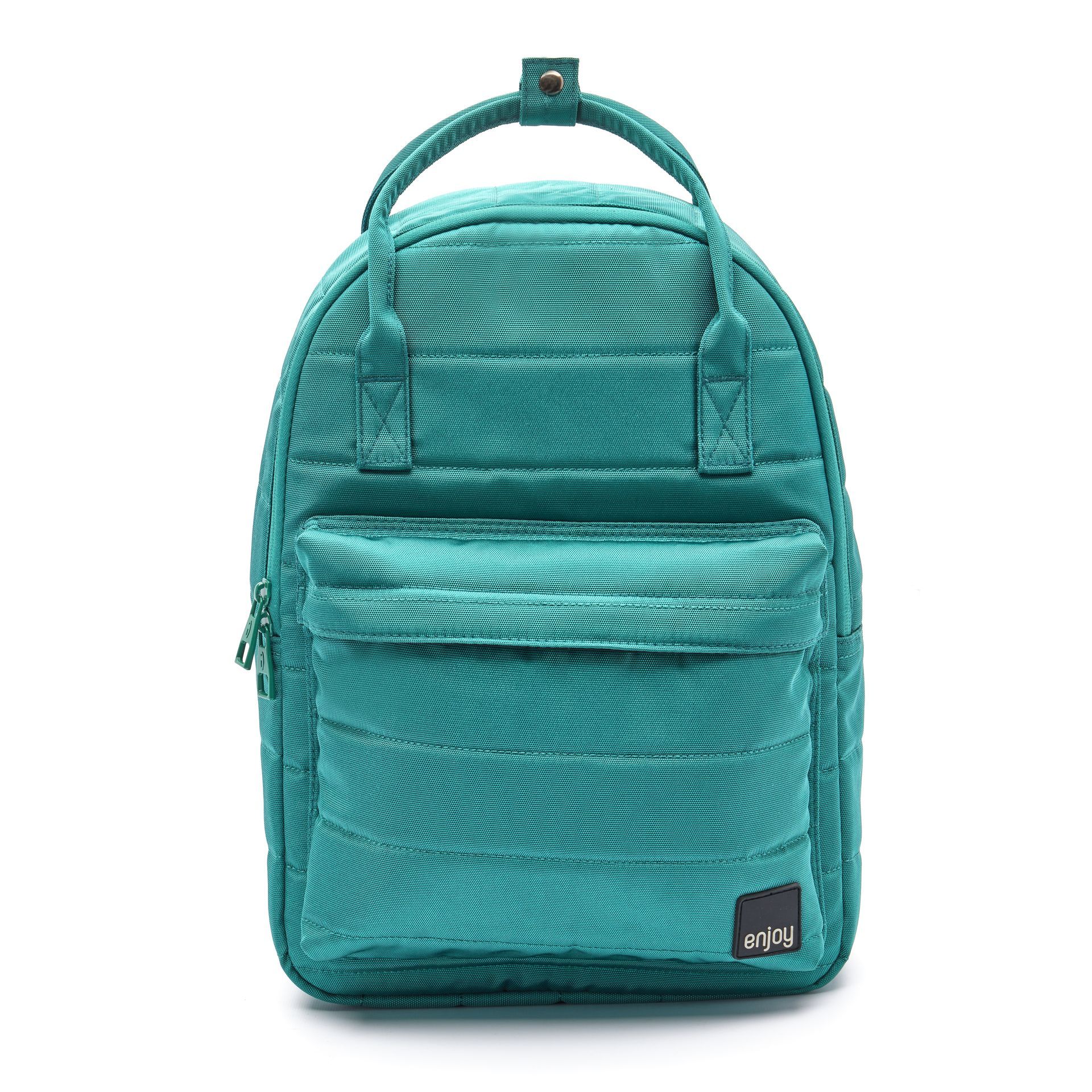 Una mochila verde con asa sobre un fondo blanco.