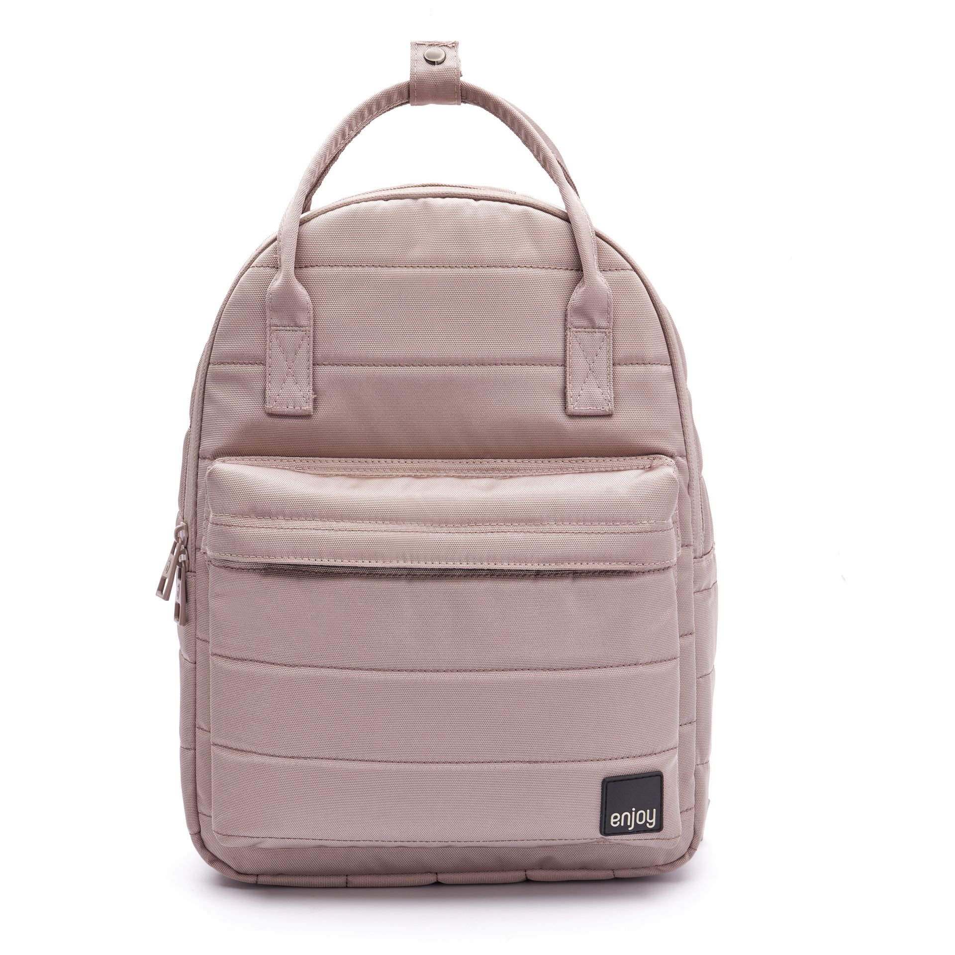 Una mochila acolchada rosa con asa sobre un fondo blanco.