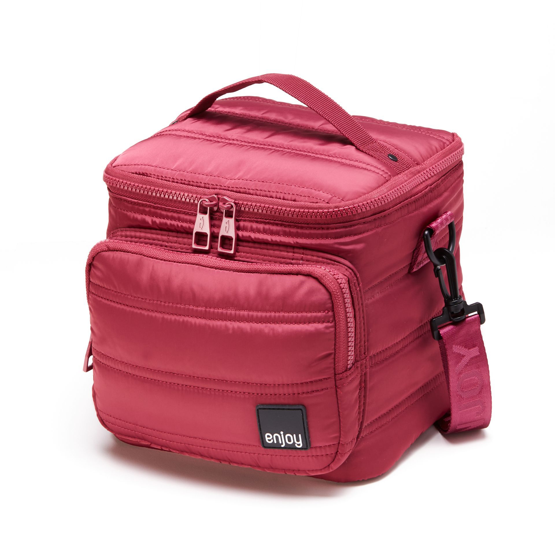 Una bolsa roja con la palabra "disfruta" escrita en ella.