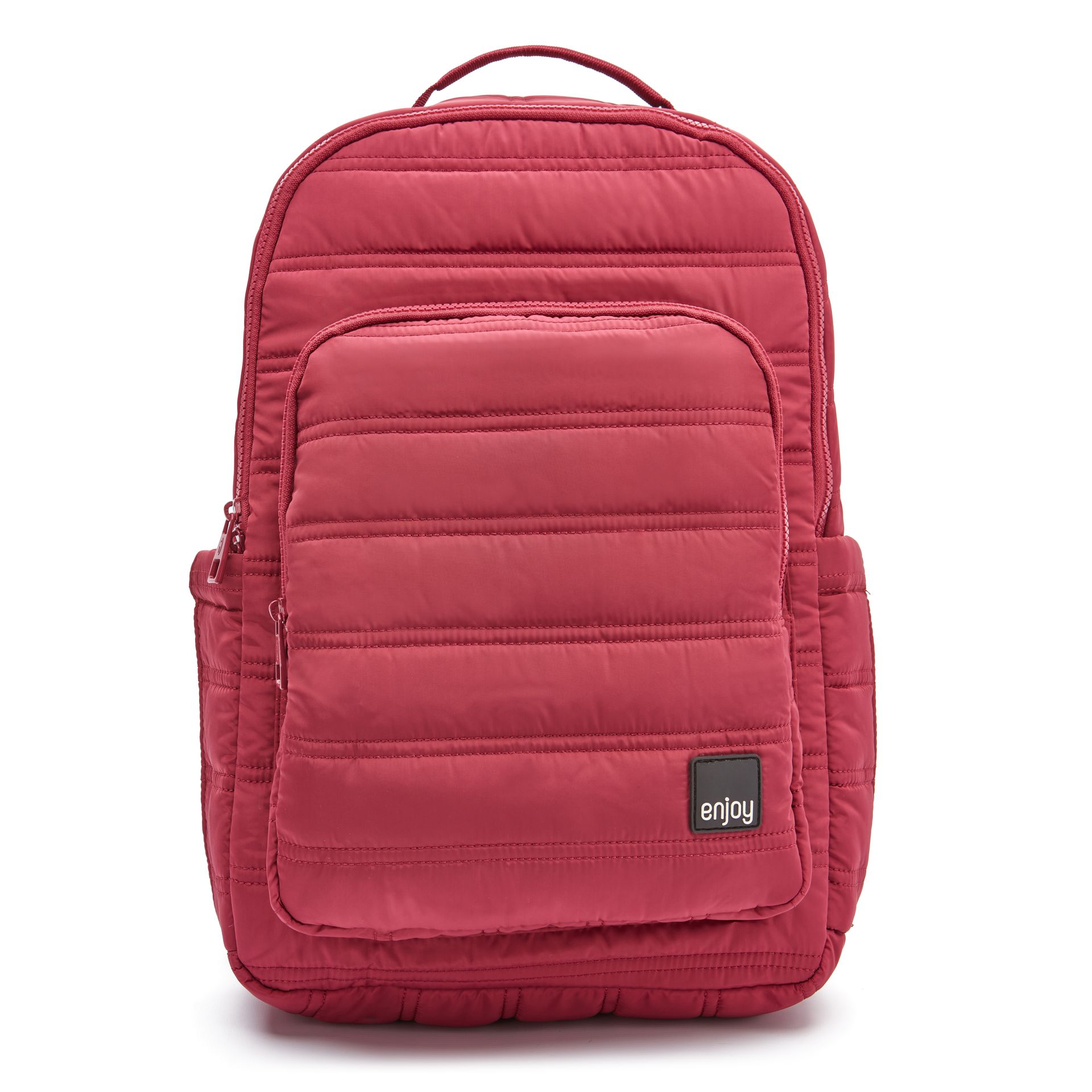 Una mochila acolchada roja con un logotipo negro en la parte delantera.