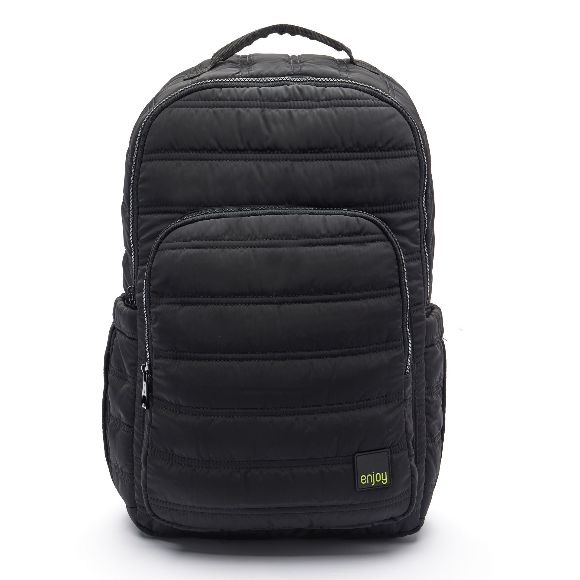 Una mochila acolchada negra con asa sobre un fondo blanco.