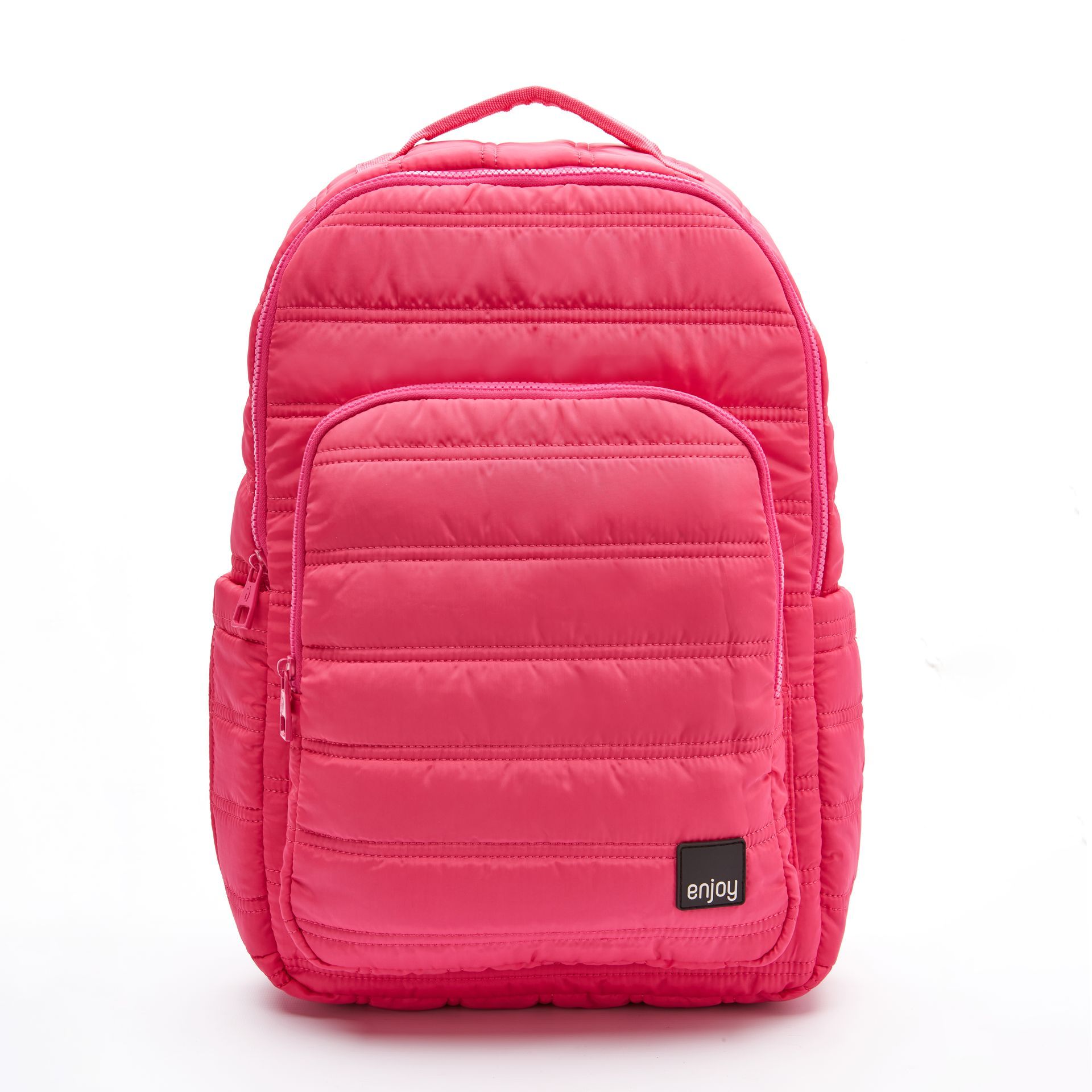 Una mochila acolchada rosa con la palabra Pablo.