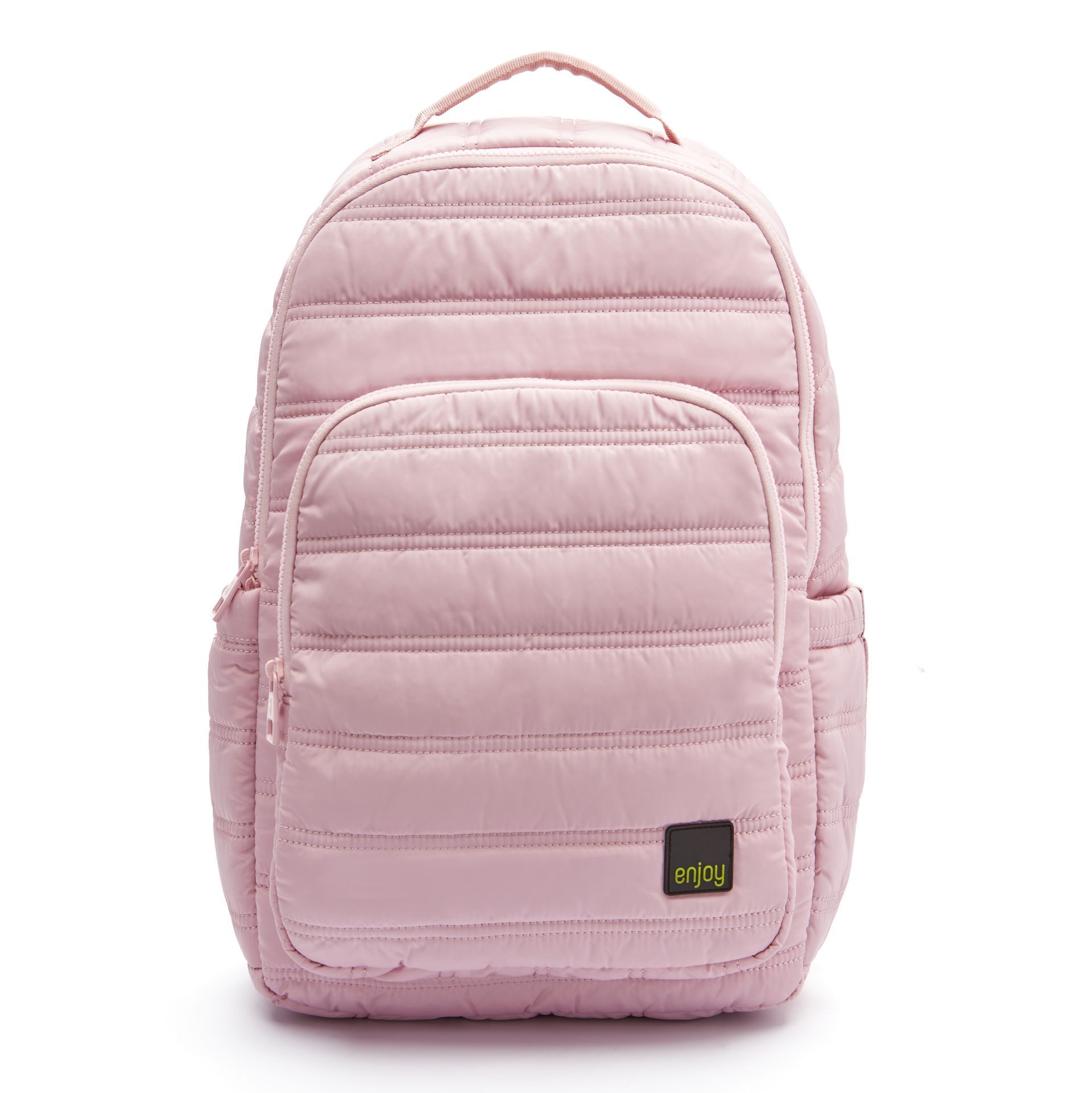 Una mochila acolchada rosa con un logotipo amarillo en la parte delantera.
