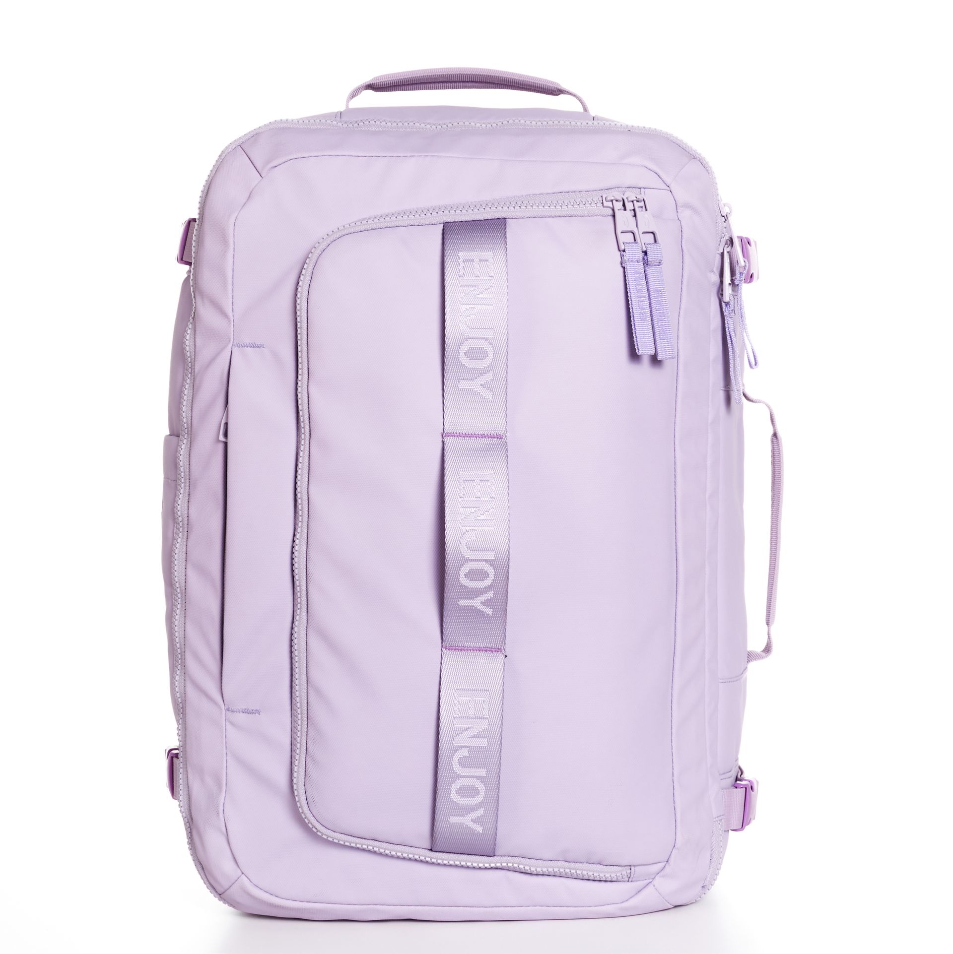 Una mochila morada con un asa y una cinta en el lateral.