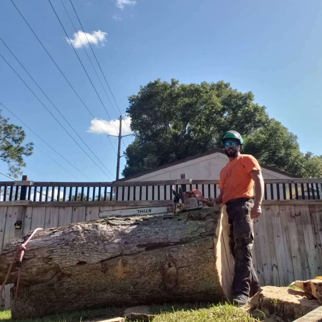 A man is standing next to a large log with a chainsaw.