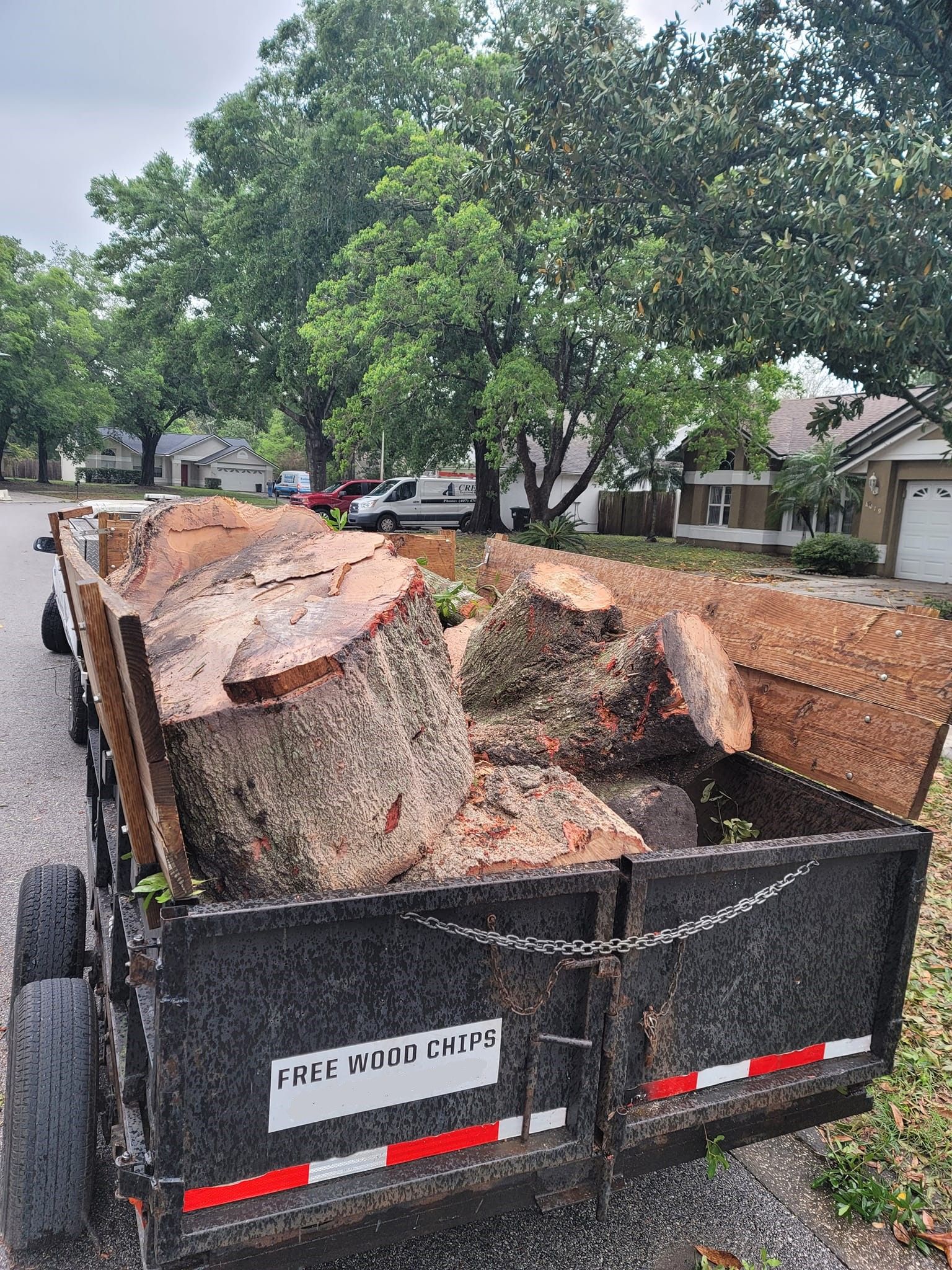 A trailer filled with logs is parked on the side of the road.