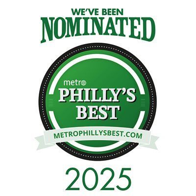 Green and white badge reading “We’ve been nominated” and “metro PHILLY’S BEST 2025” with website URL.
