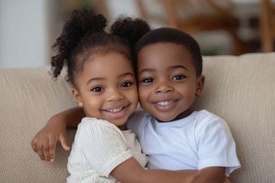 Two smiling children hugging on a beige couch, wearing white shirts.