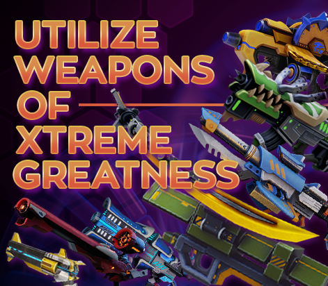 "Utilize Weapons of Xtreme Greatness" to the left, with weapons on the game to the right.
