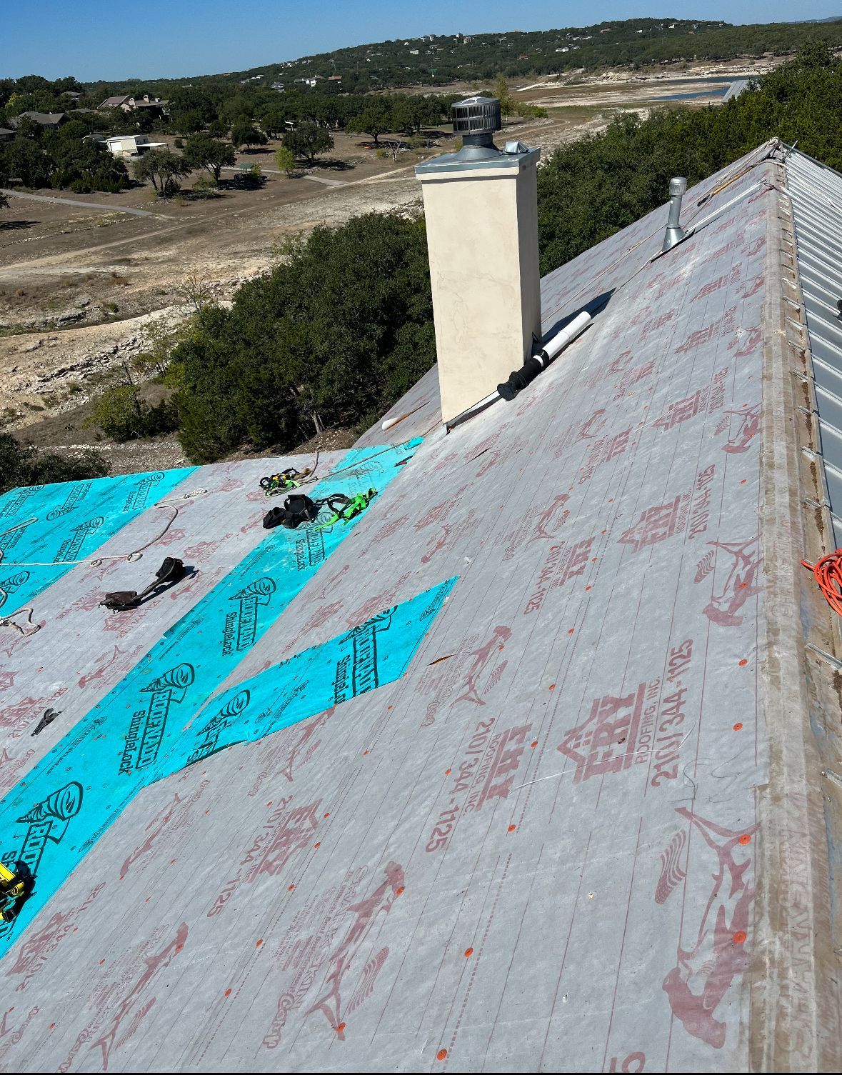 A roof with a chimney on top of it