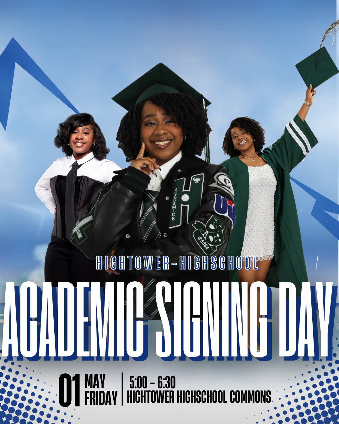 Academic Signing Day event poster with Londyn's smiling students in caps and gowns on a blue background