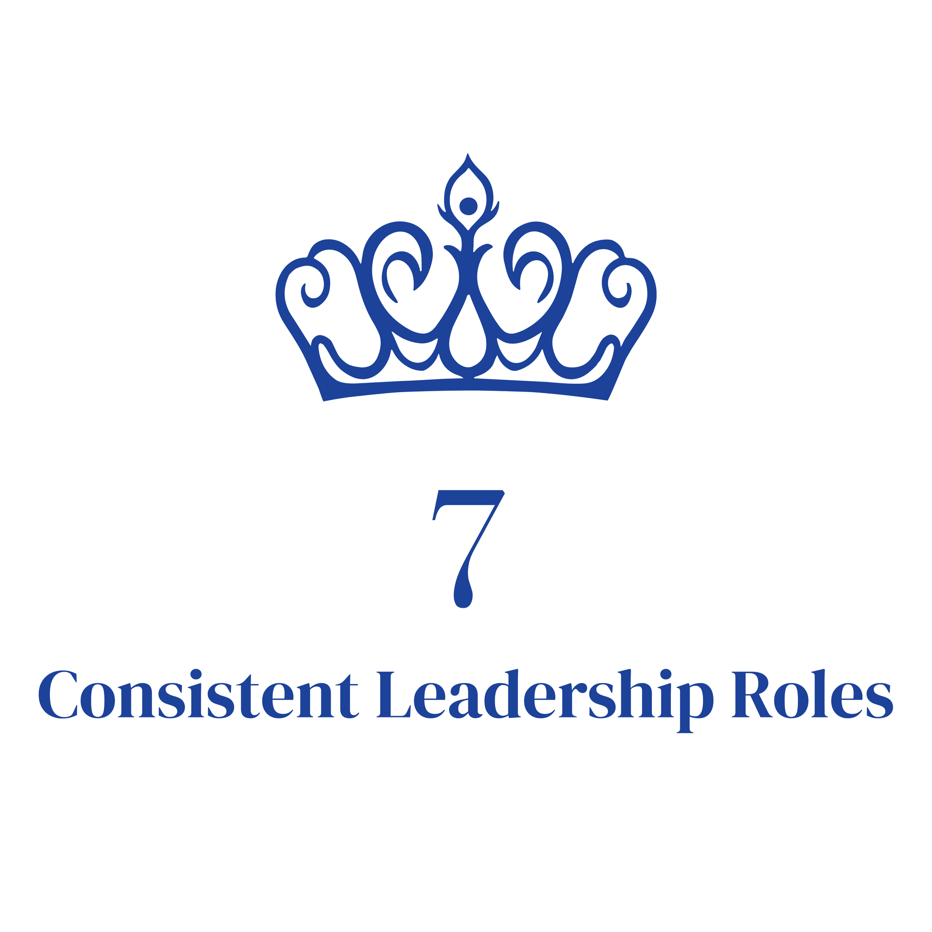 Blue crown icon above “7” and “Consistent Leadership Roles” text on a white background