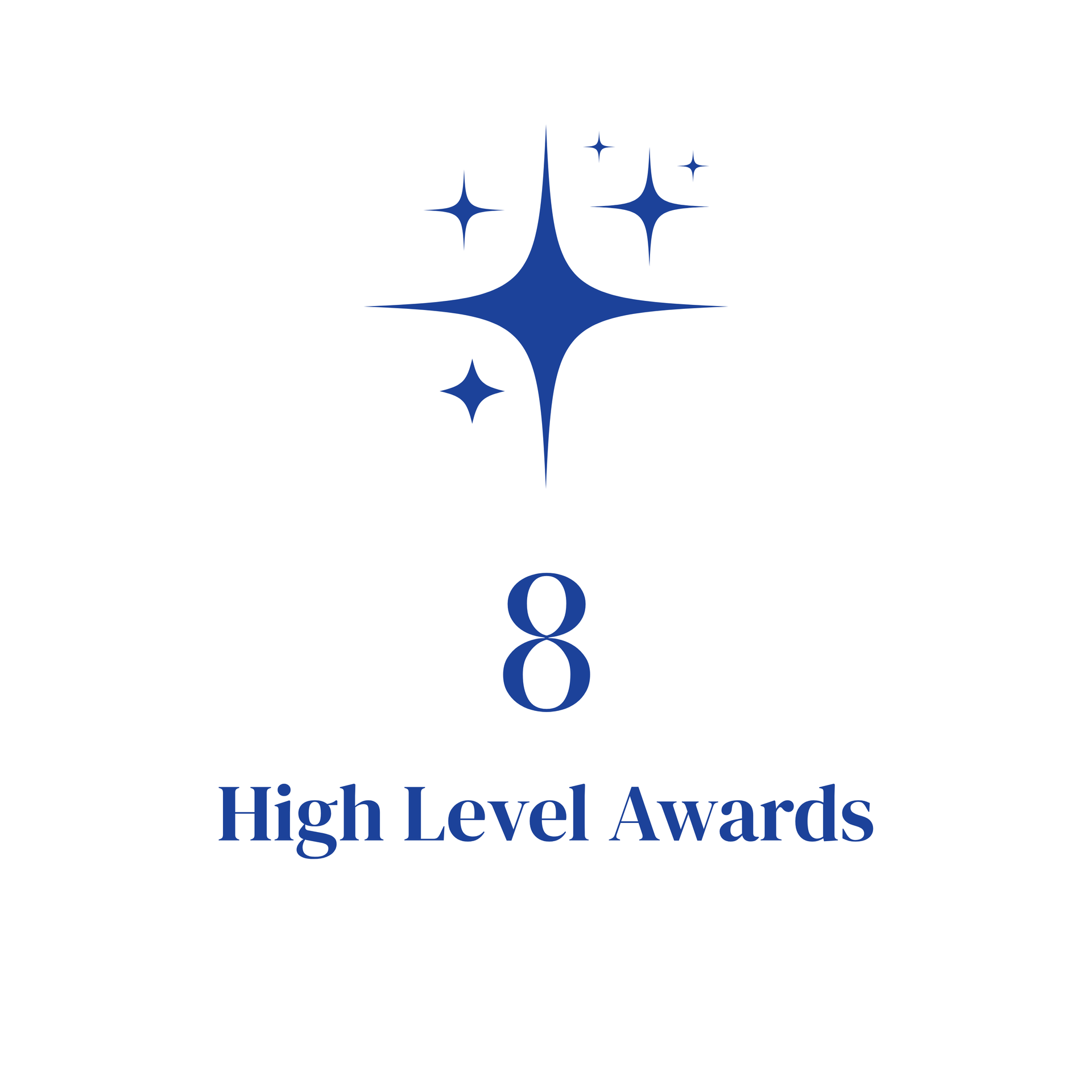 Blue sparkle icon above the number 8 and the text “High Level Awards”