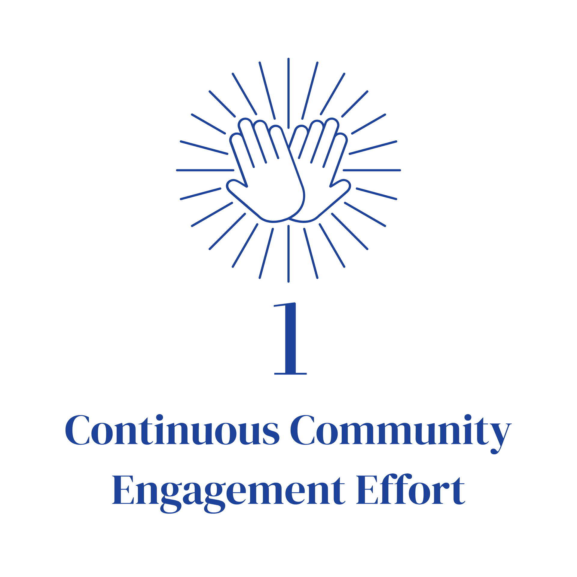Blue logo with clapping hands and radiating lines above “1 Continuous Community Engagement Effort” text