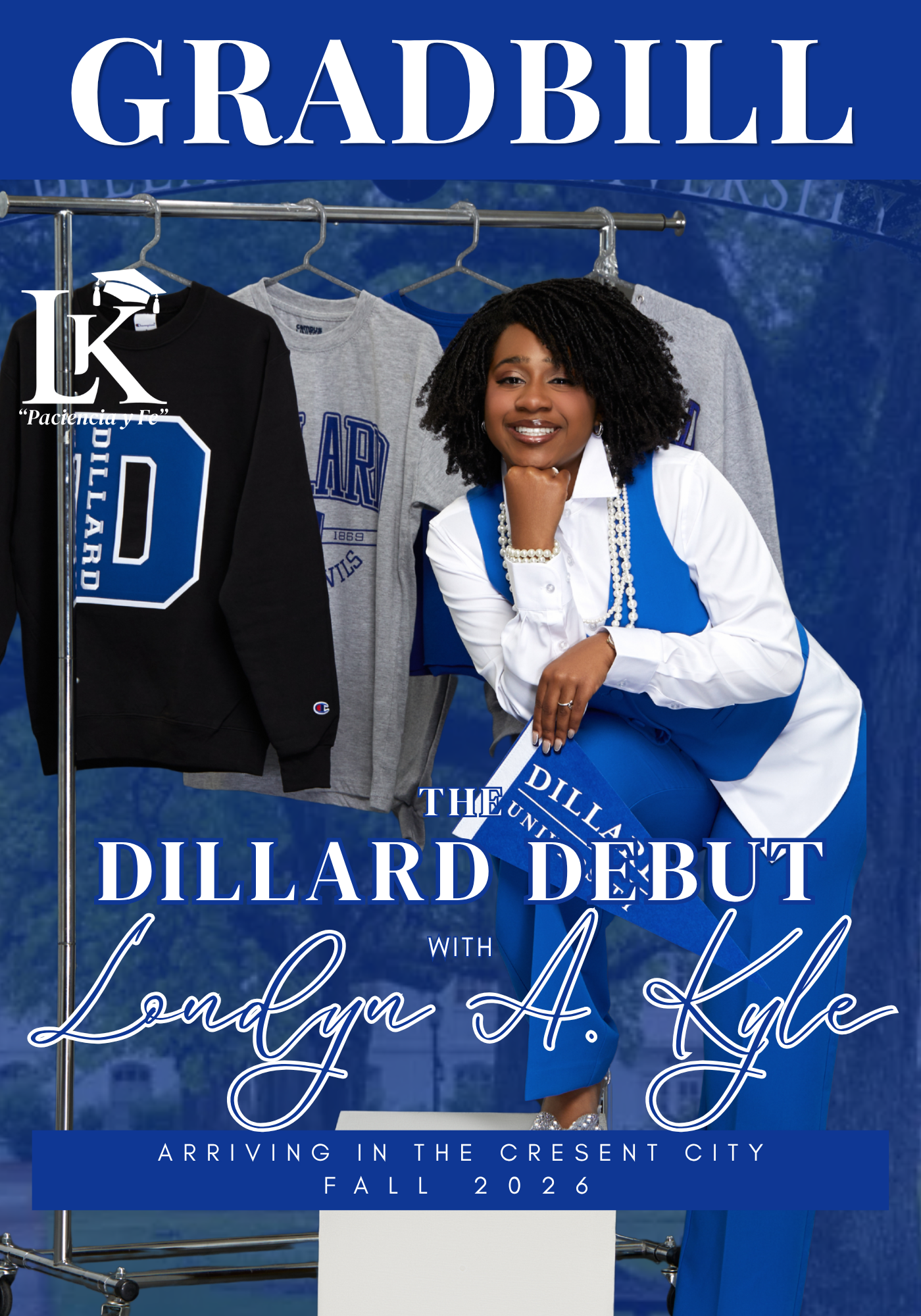 Dillard University acceptance announcement with Londyn posing in front of  Dillard University apparel.
