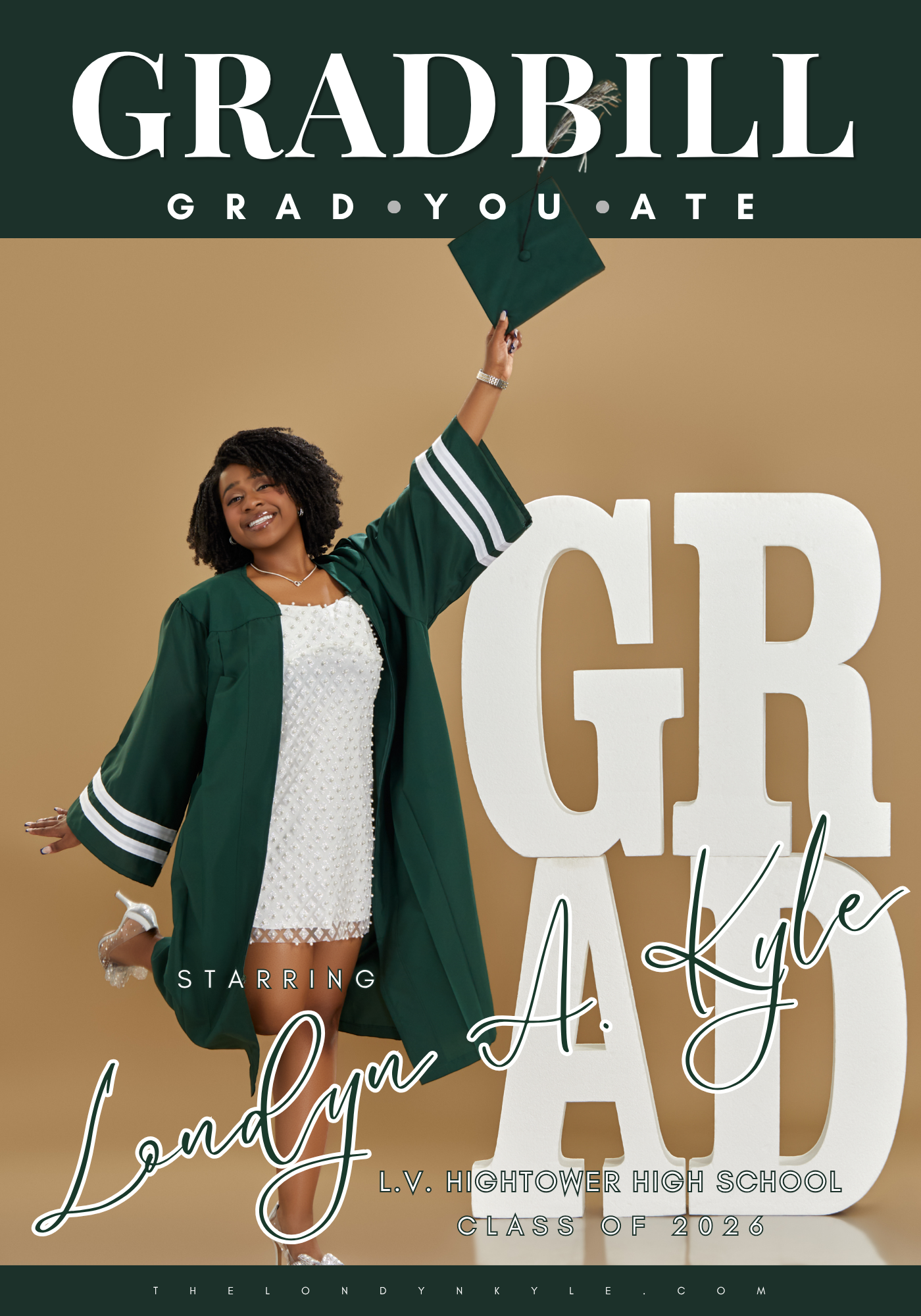 Londyn in green graduation gown and cap standing for her graduation commencement ceremony.