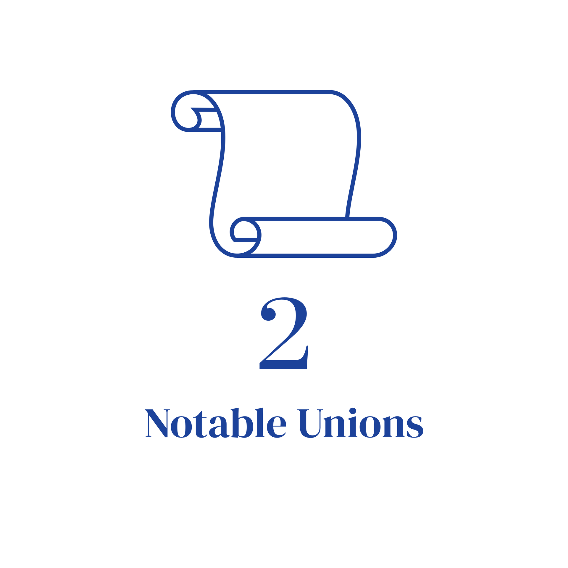 Blue scroll icon above the text “2 Notable Unions”