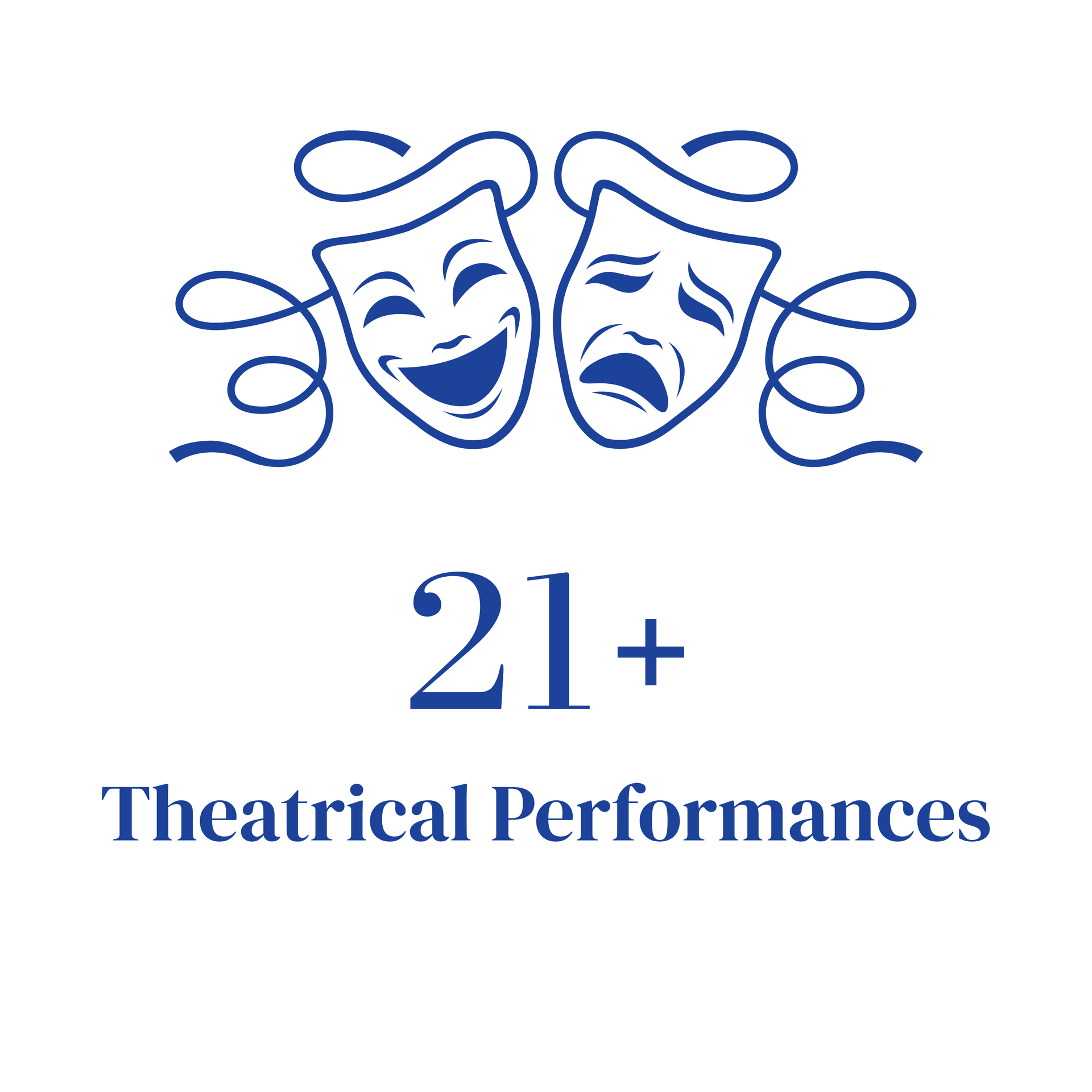 Blue theater masks with “21+ Theatrical Performances” text on white background