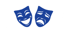 Blue theater masks, one smiling and one sad.