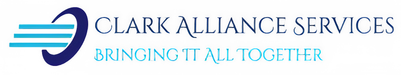 Clark Alliance Services logo: blue swirl, horizontal lines, company name, tagline 