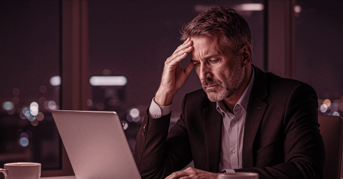 Gestor de empresa em frente ao notebook expressando preocupação e dificuldade com backup.