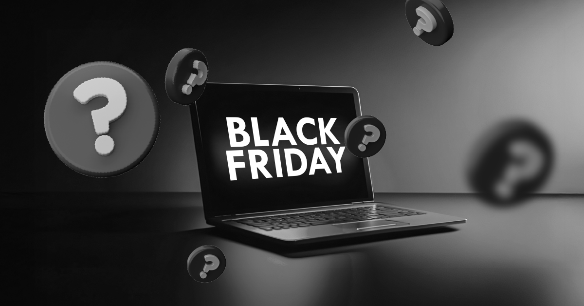 Notebook exibindo a frase 'Black Friday' com ícones de ponto de interrogação ao redor.