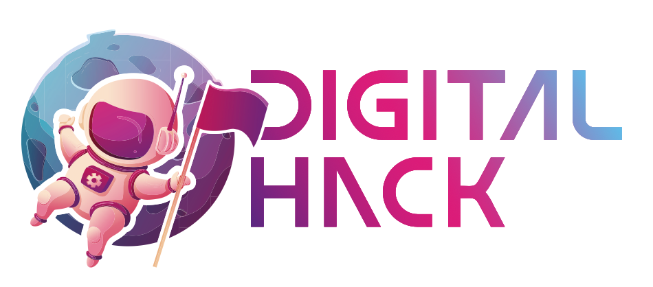 Astronauta com bandeira na lua, logotipo da Digital Hack em roxo, gradiente azul.