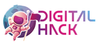 Astronauta com bandeira na lua, logotipo da Digital Hack em roxo, gradiente azul.