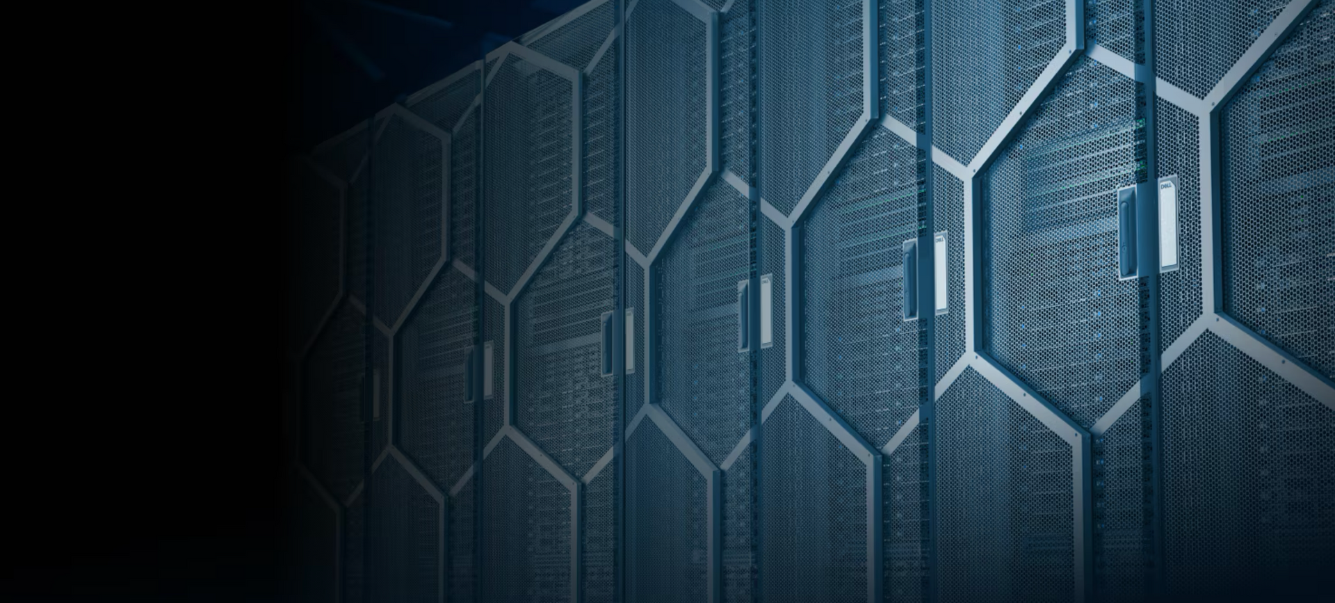 Racks de servidores de data center em um design geométrico azul.