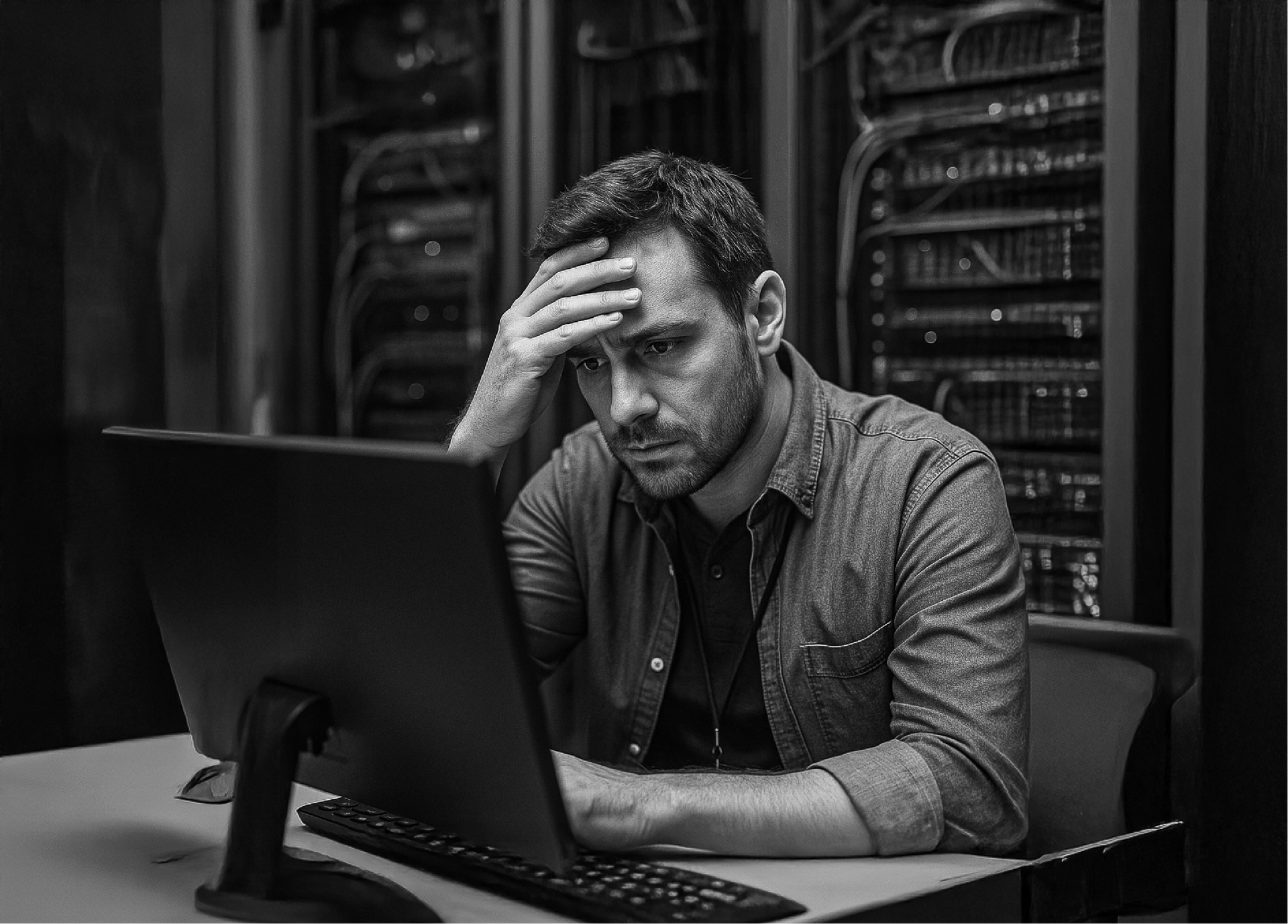 Profissional de TI sobrecarregado em frente ao computador em data center