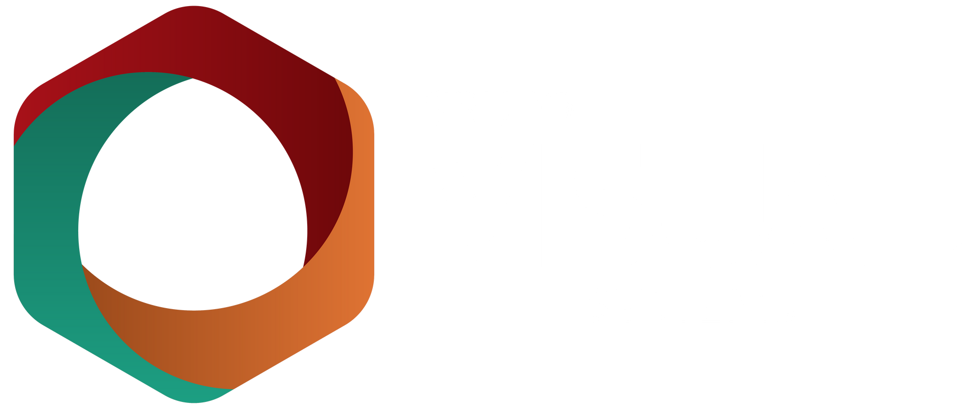 Logotipo hexagonal com formas entrelaçadas em azul-petróleo, laranja e marrom.