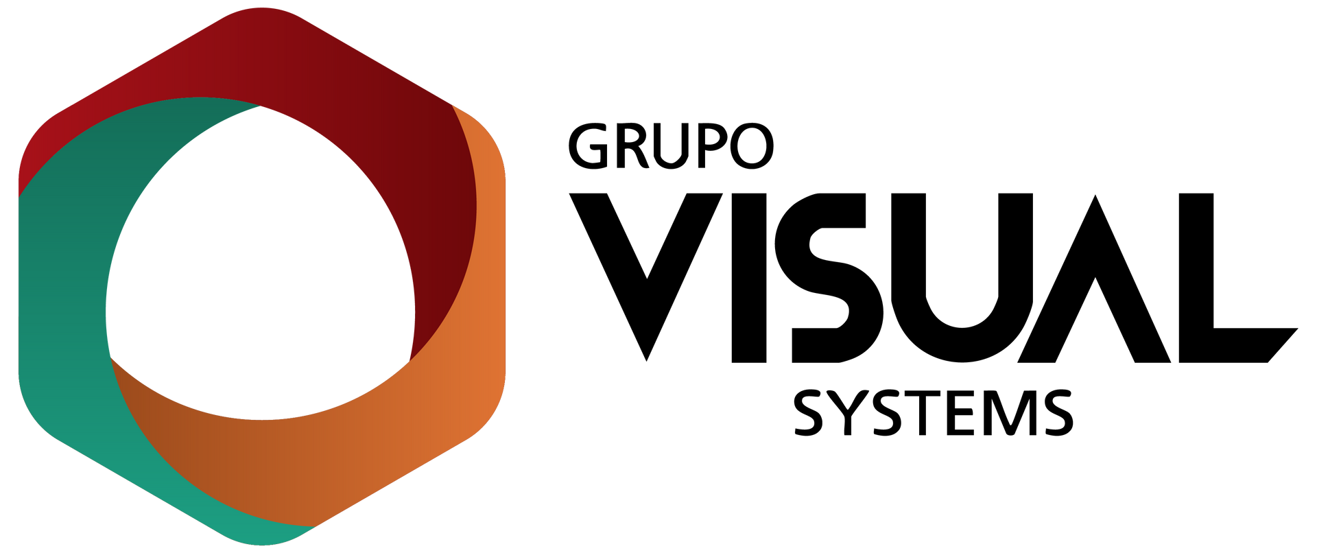 Logotipo do Grupo Visual Systems: um hexágono multicolorido ao redor do texto.
