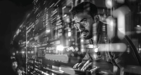 Profissional de TI analisando códigos em tela digital com foco em monitoramento e segurança